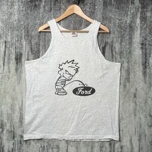 Vintage 90s Calvin And Hobbs Peeing On Ford XL Funny Tank Top Gray Men's